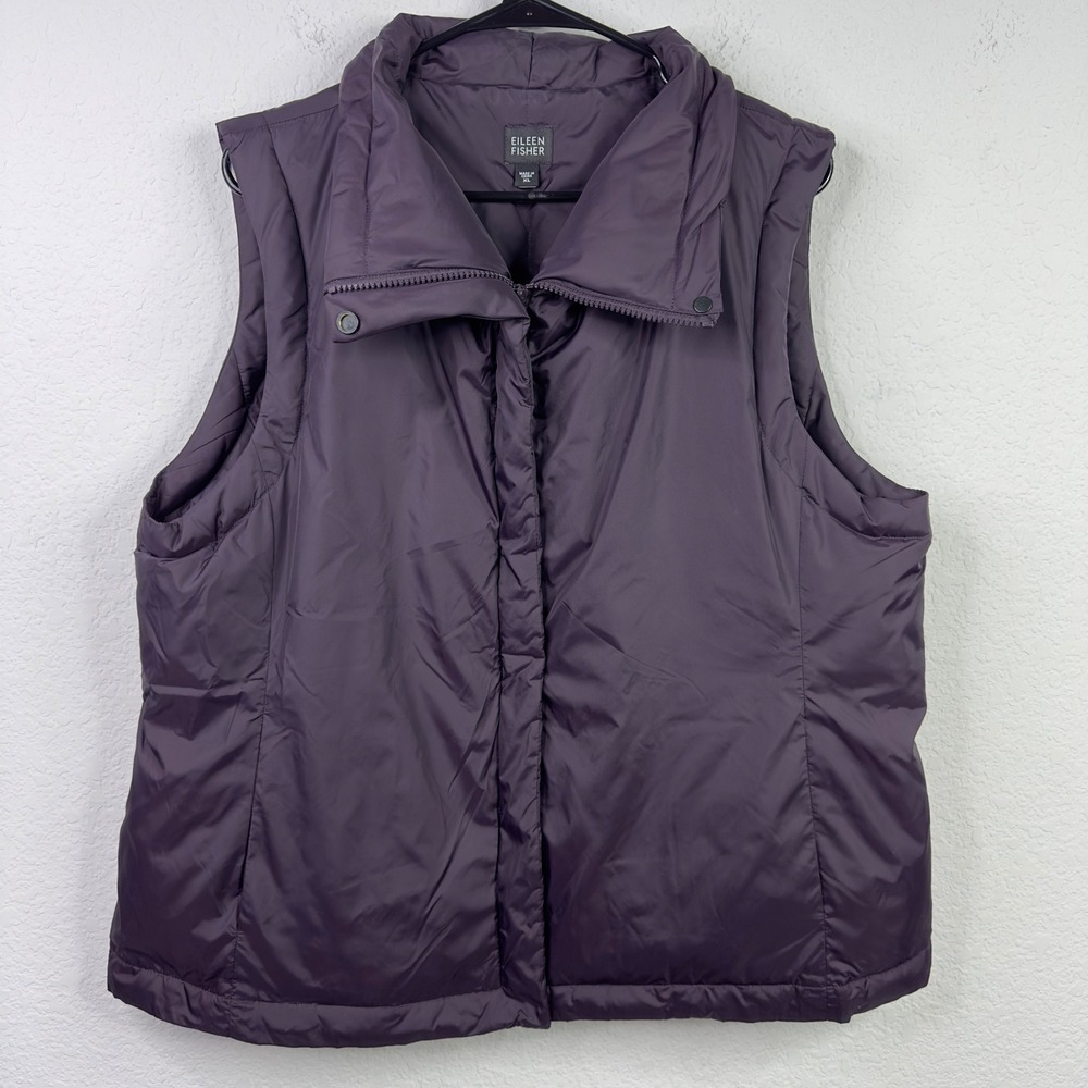 Eileen Fisher Puffer Vest Women XL Purple Nylon Down Quilted Layering Minimalist